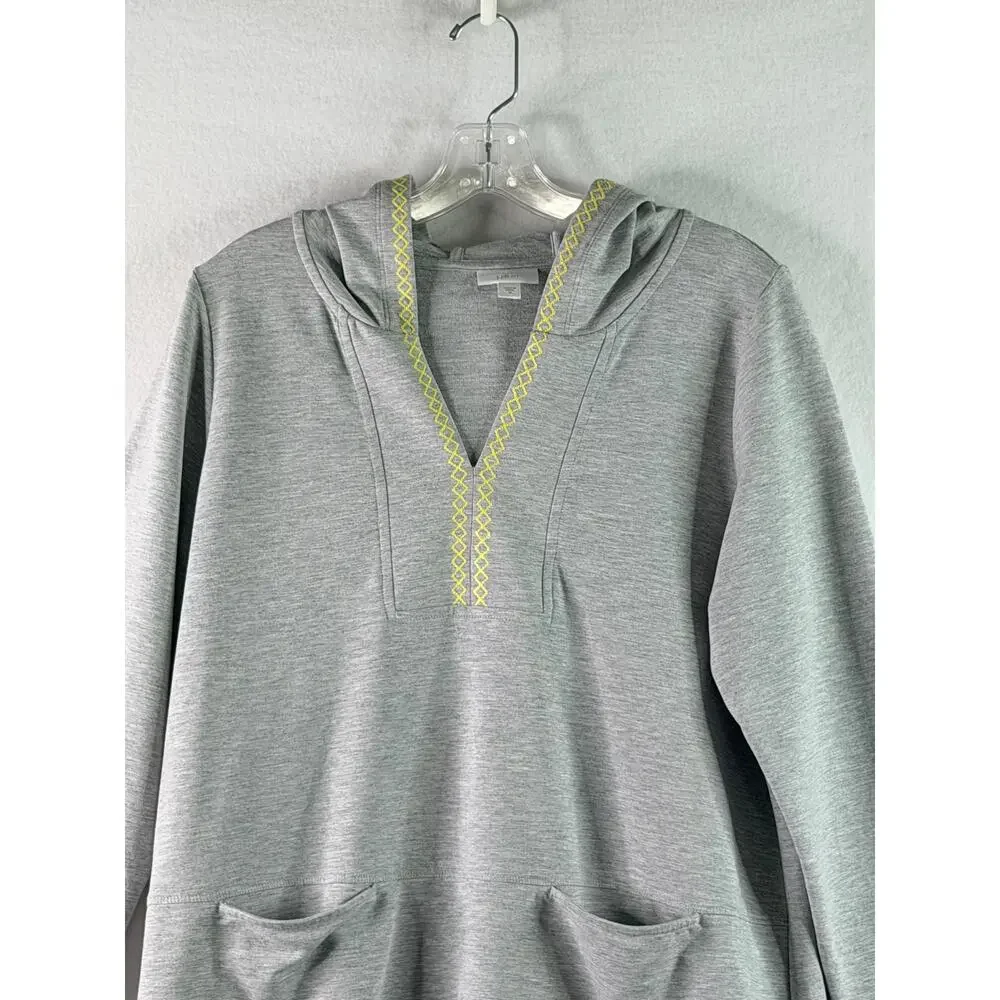 J. Jill Fit Long Sleeve Hoodie Embroidered Pullover Knit Tunic Gray Yellow Med